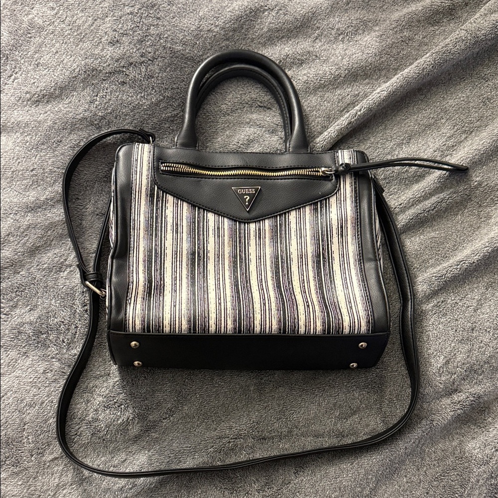 Guess Black and White Striped Satchel